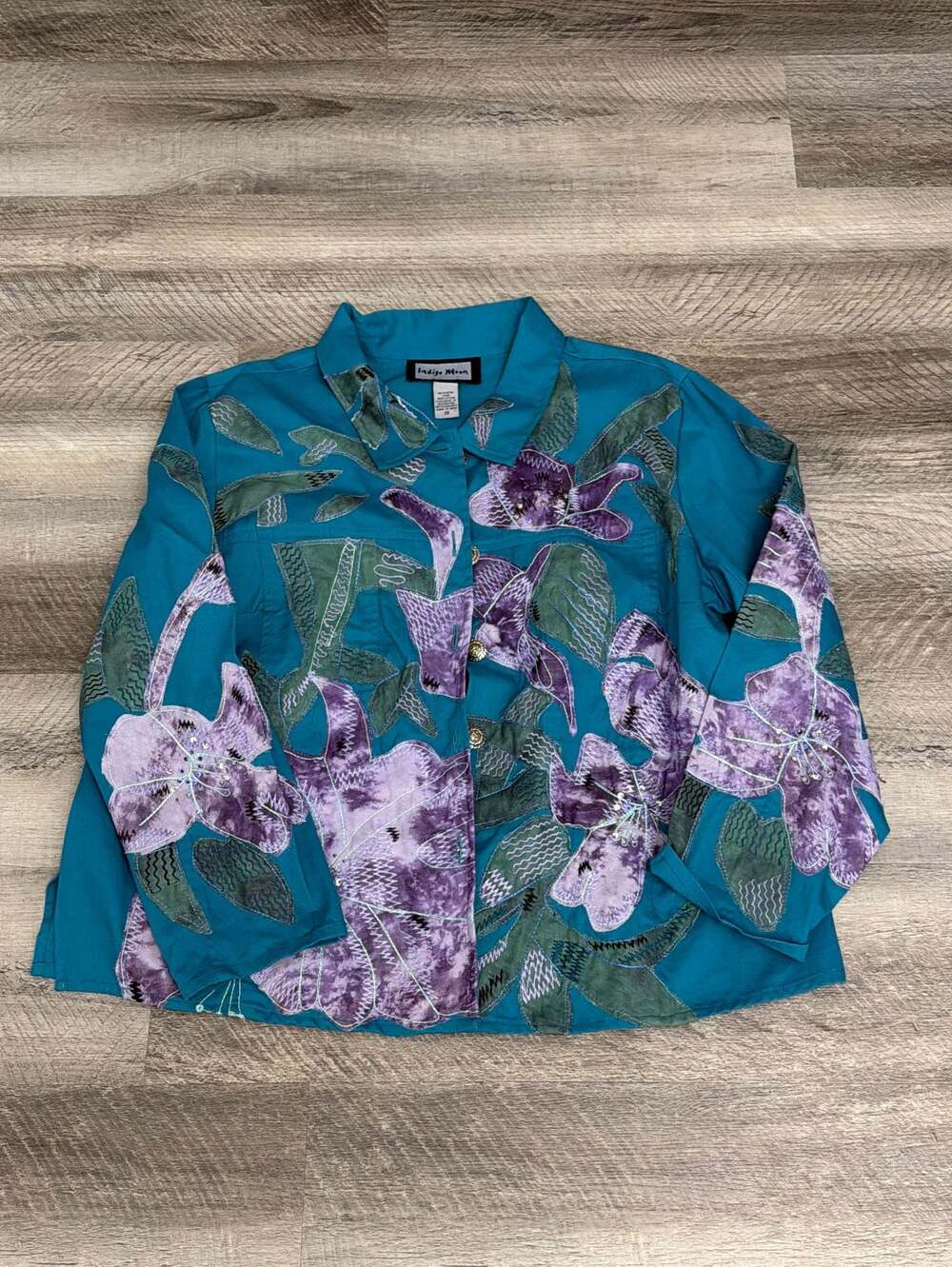 Indigo Moon Teal Floral Embroidered Appliqué Wearable Art Jacket Size 1X